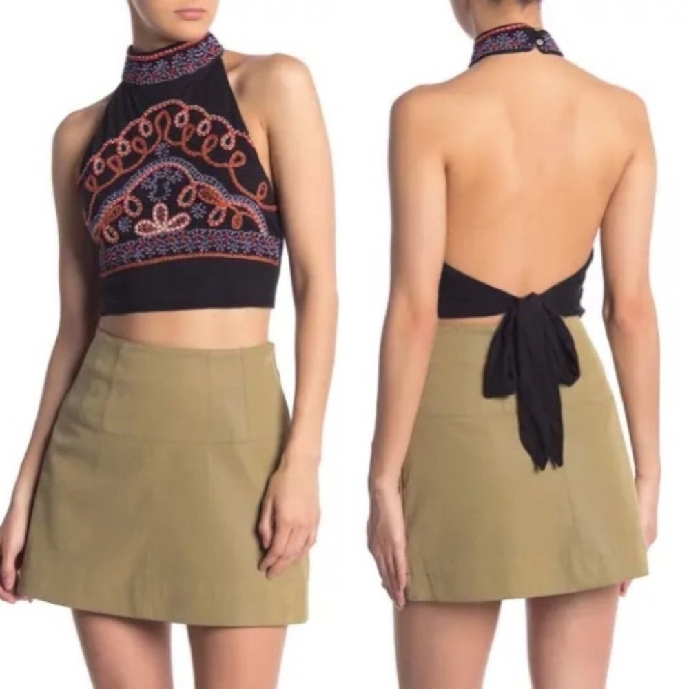 Free People Goa Embroidered Tank Top Black Combo